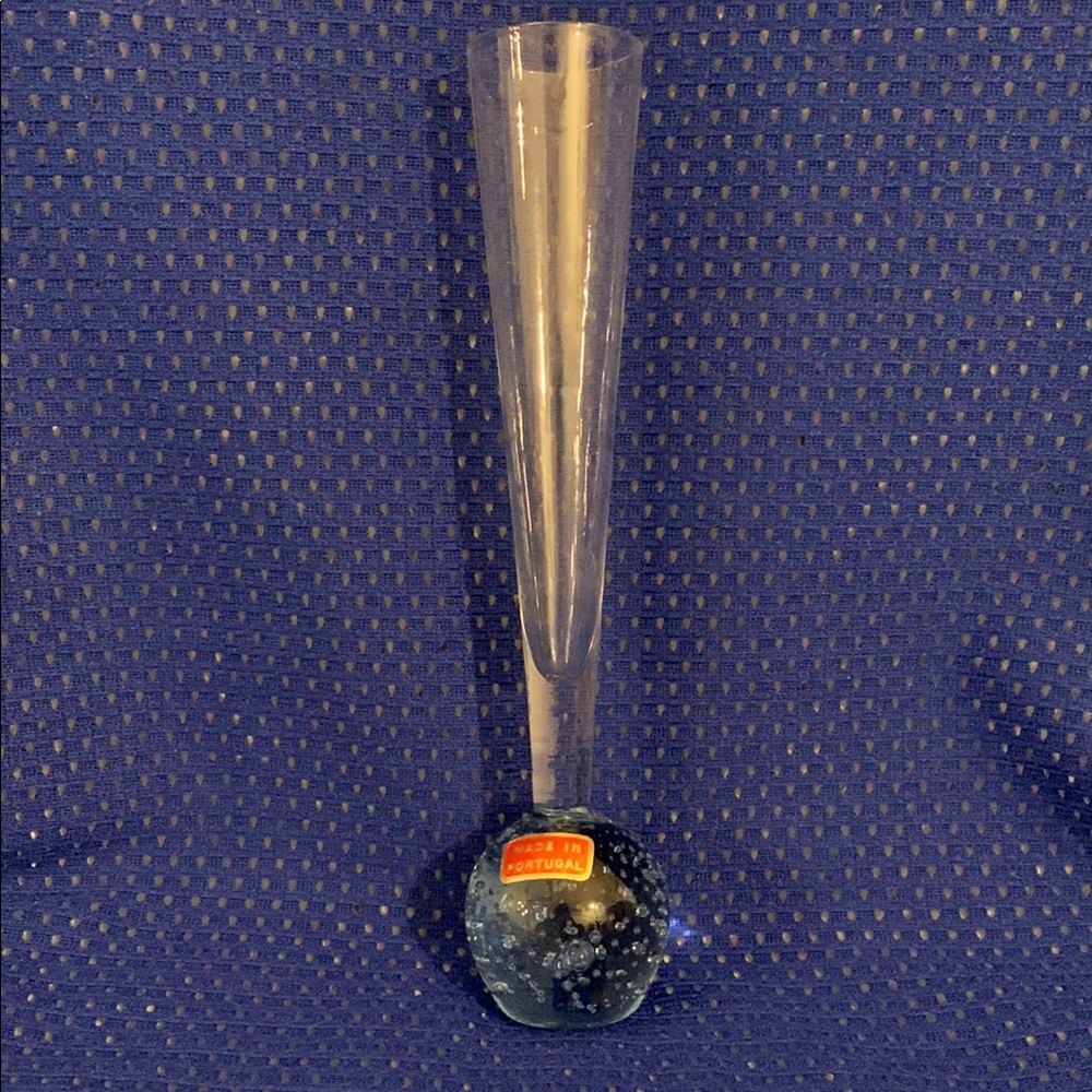 Vintage paperweight single stem blue bud vase, 8.5 inches tall.